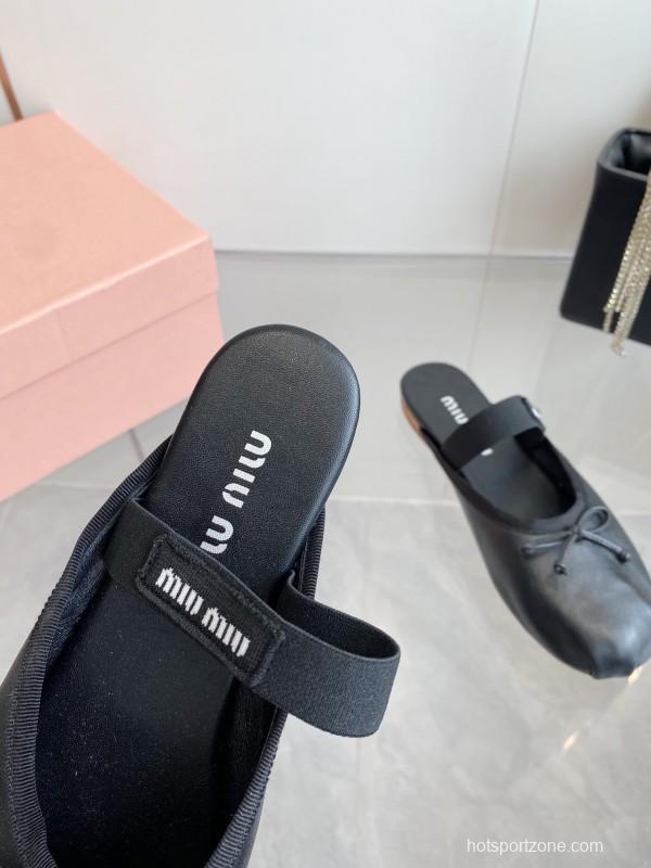 2025 Women Miu Miu Black Leather Ballet Flat Elastic Band
