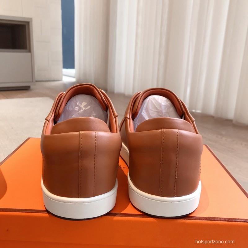 2025 Men Hermès Brown White Leather Sneakers AS00380