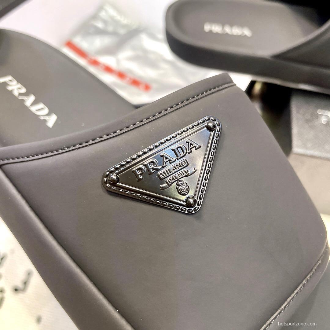 2025 Men Prada Black Fabric Slippers Logo KFY00230
