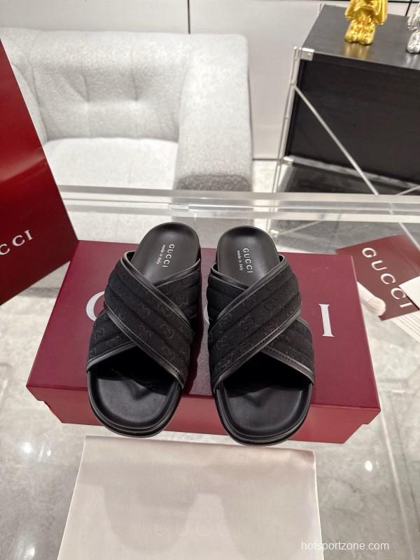 2025 Unisex Gucci Black Fabric Leather Slippers GG Embossed AS00240