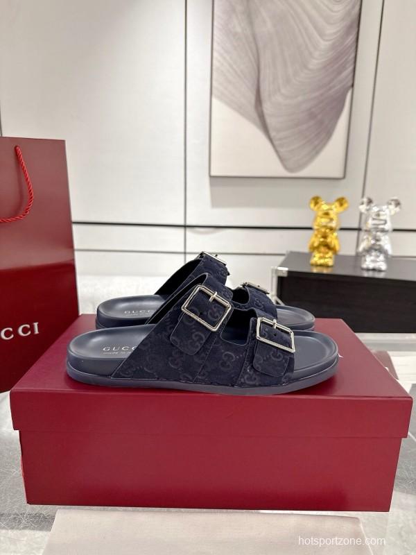 2025 Unisex Gucci Black Leather Fabric Slippers Double G Embossed AS00240