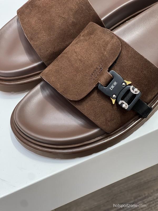 2025 Men Dior Brown Suede Leather Slippers AS00190