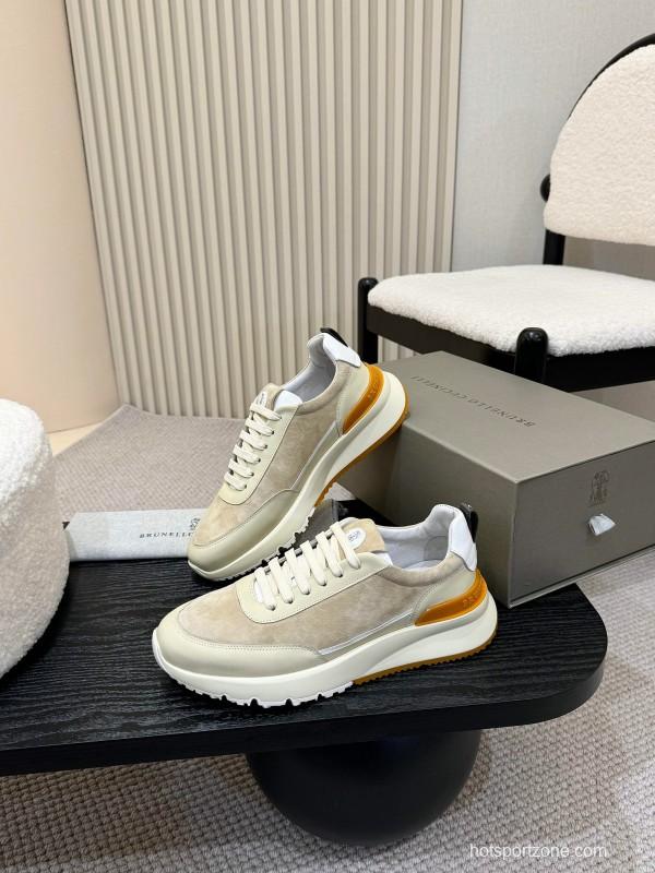 2025 Unisex Brunello Cucinelli Black Milk Blue Apricot Calfskin Leather Sneakers AS00320