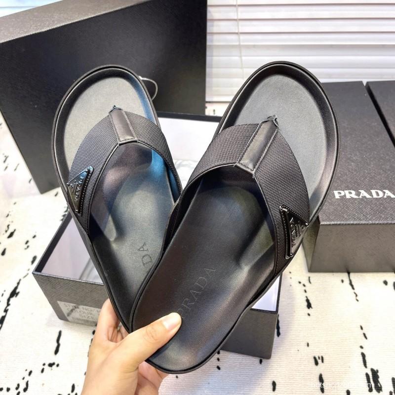 2025 Men Prada Black Fabric Leather Sandals Logo KFY00230