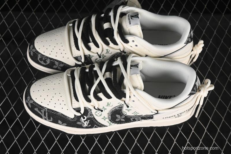 Nike SB Dunk Low LV Collaboration Strap Weave Black White Swoosh Anniversary Custom Low-Top Casual Skate Shoes - YX5066-338