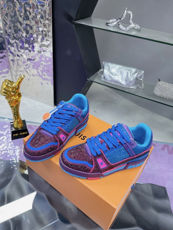 2025 Women Louis Vuitton Blue Purple Leather Fabric Plimsolls Handcrafted Rhinestones AS00400