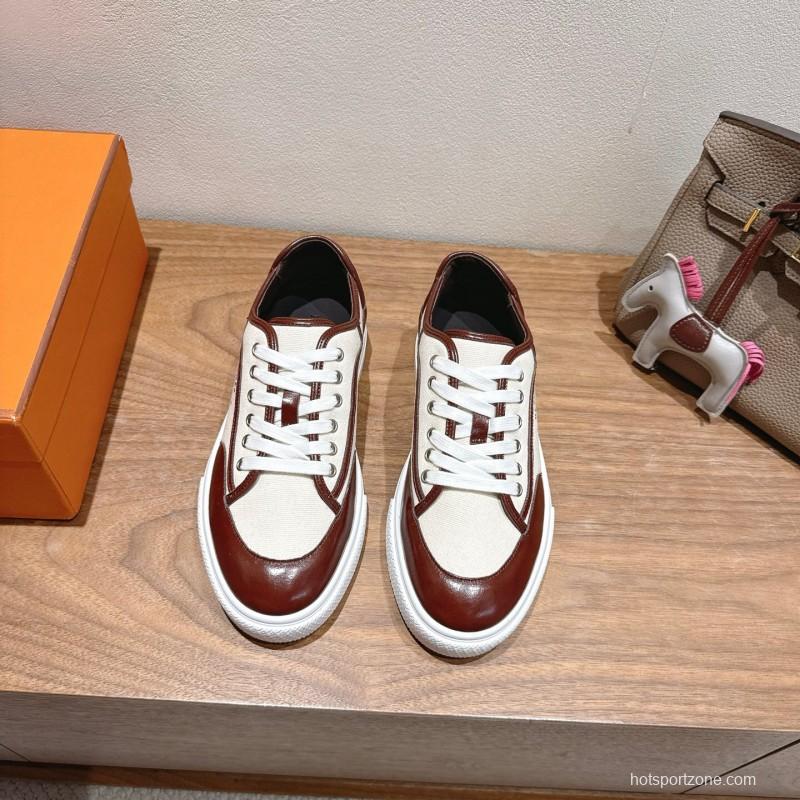 2025 Unisex Hermes Brown White Fabric Leather Sneakers AS00380