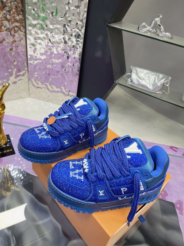 2025 Women Louis Vuitton Blue Crystal Trainer Original Custom Bing Bing Luxury Crystal Rhinestone High Temperature Hot Pressing TPU Sole AS00420