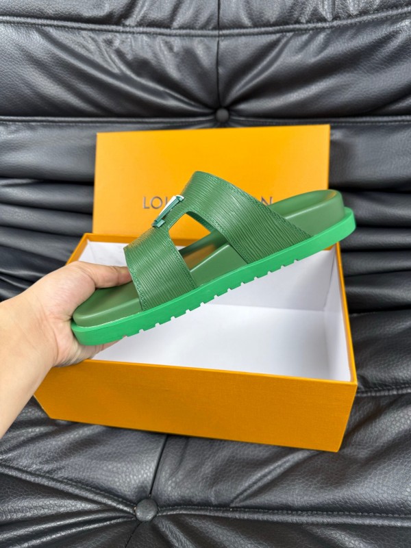 2025 Men Louis Vuitton Green Leather Slippers AS00170