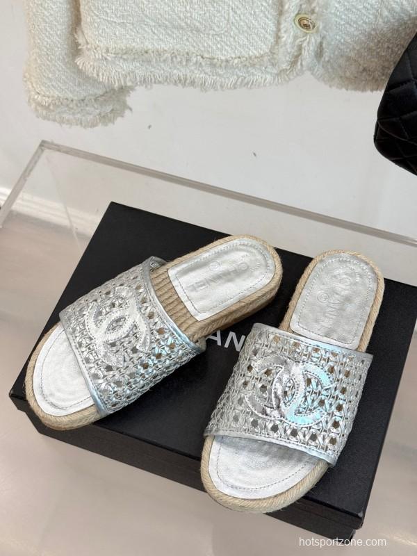2025 Women Chanel Silver Leather Woven Fisherman Slippers KFY00240