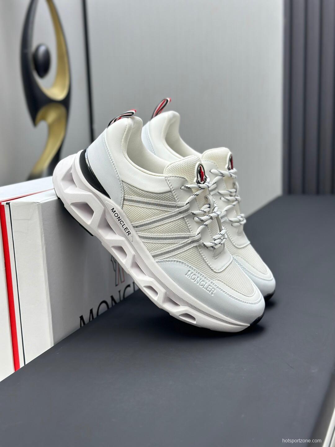 2025 Unisex Moncler White Black Synthetic Leather Outdoor Sneakers KFY00390