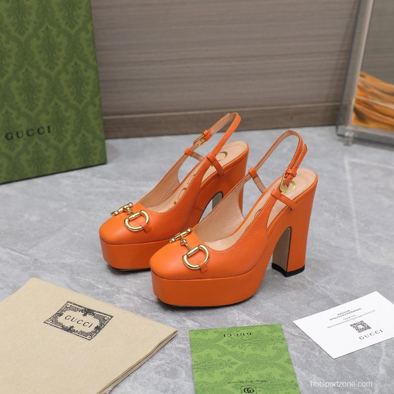 2025 Women Gucci Orange Leather Platform High Heels KFY00320