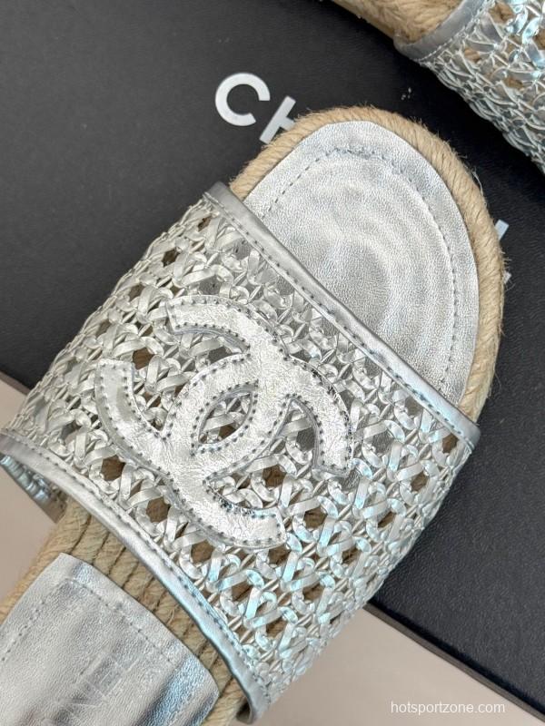 2025 Women Chanel Silver Leather Woven Fisherman Slippers KFY00240