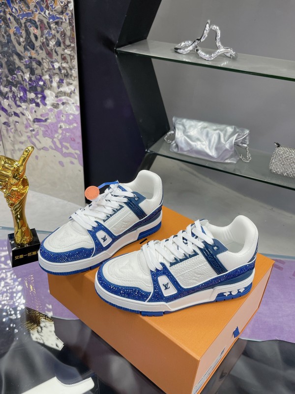 2025 Unisex Louis Vuitton Blue White Leather Plimsolls Handcrafted Beaded AS00400