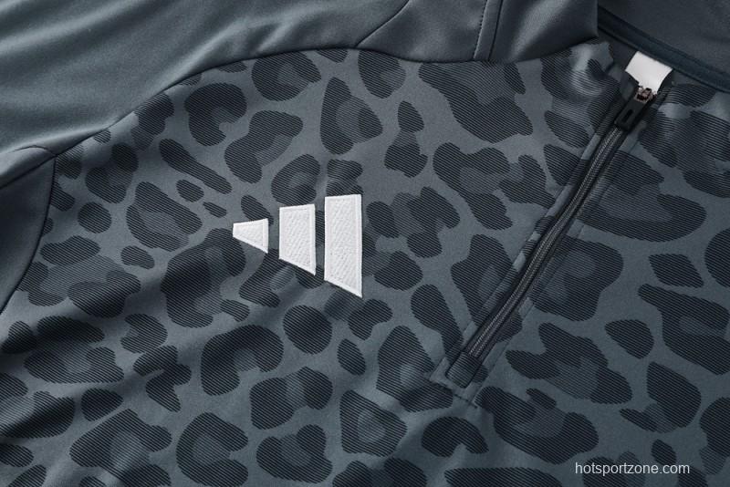 2025 Adidas Dark Grey & Black with Leopard Print Pattern and Orange Accents Half Zipper Jacket +Long Pants