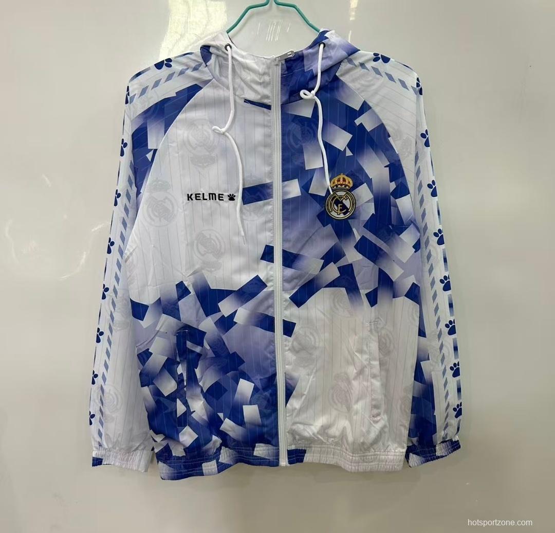 25/26 Real Madrid White with Blue Geometric Pattern Windbreaker