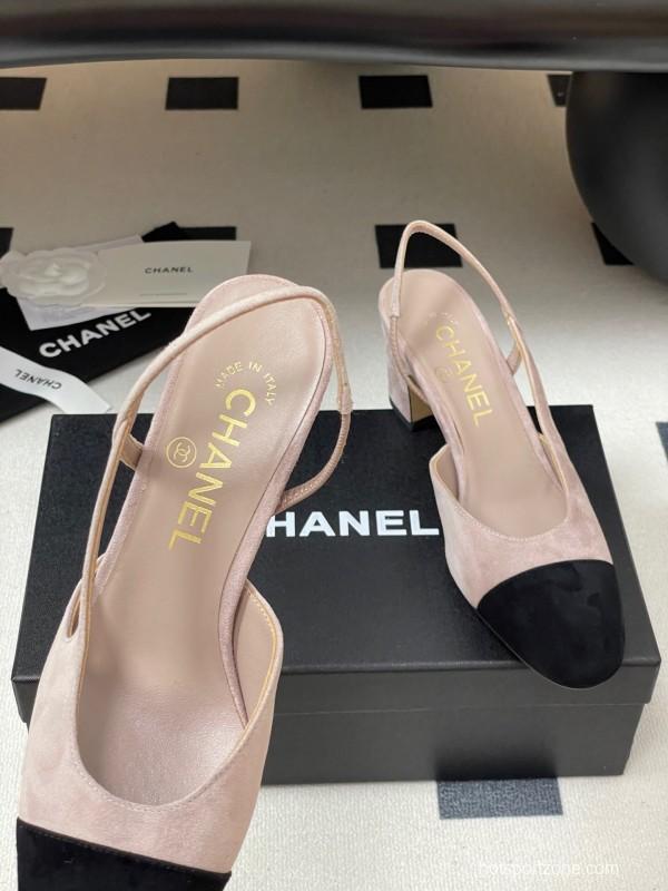 Chanel Sling-back Two-tone Suede Slingback Sandals Flat/Block Heel - KFY00280