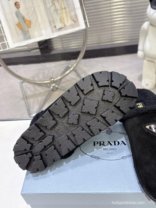 Prada 2025 Fall Winter New Fur Mule Slippers Triangle Buckle Bread Toe Half Slippers - KFY00270