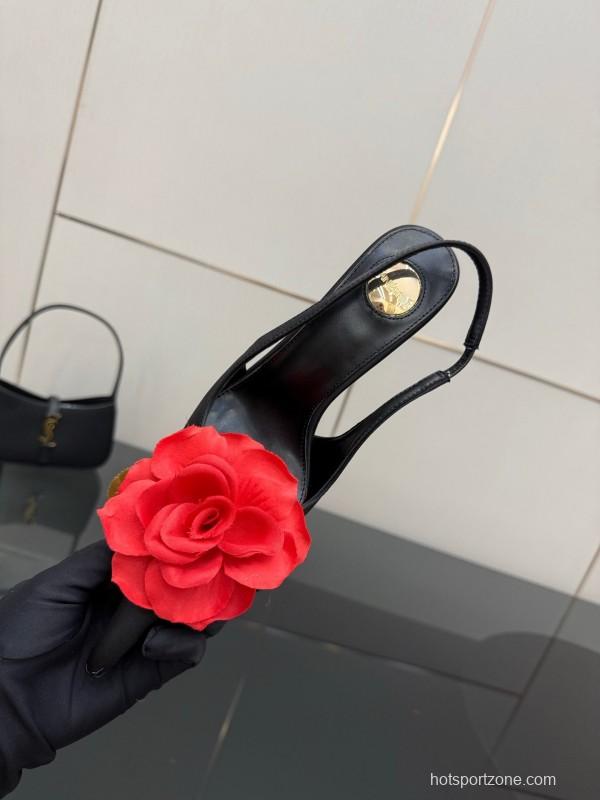 Saint Laurent 2025 SS Rose Thorn High Heels with Sculptural Gold Heel - KFY00320