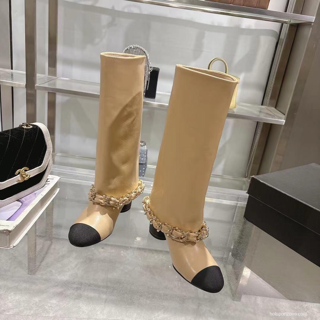 Chanel 2025/SS Autumn/Winter Runway Turned-Cuff Large Chain Block Heel Boots - LY00510