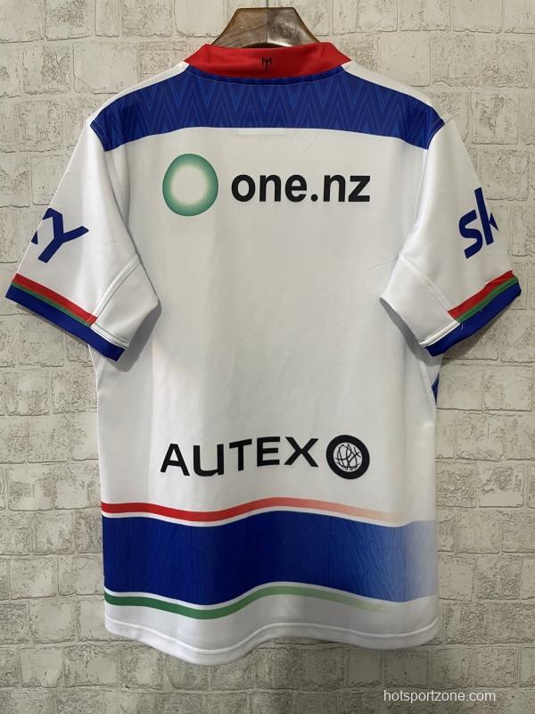 25/26 New Zealand Warriors White with Blue Panels and Circular Gradient Heritage Jersey