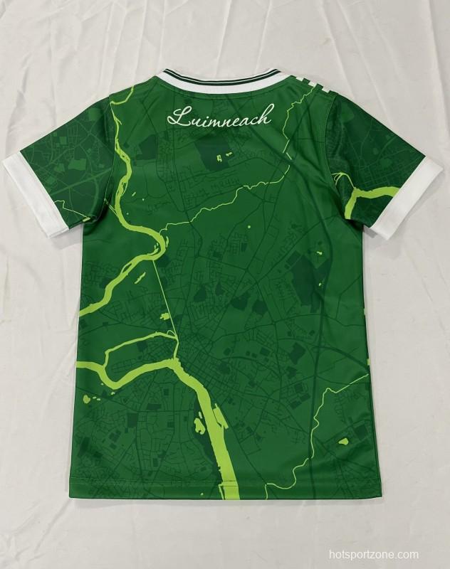 25/26 Kids Limerick GAA Green with River Map Pattern Home Jersey