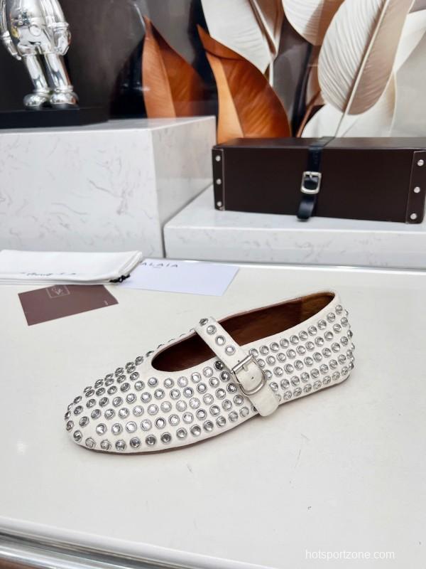 Alaia 2025/SS Crystal-Studded Ballet Flats with Built-in 0.8CM Height Increase - LY00340