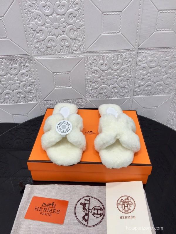 H Teddy Wool H Slippers Flat Sole Fur Slides - LY00240