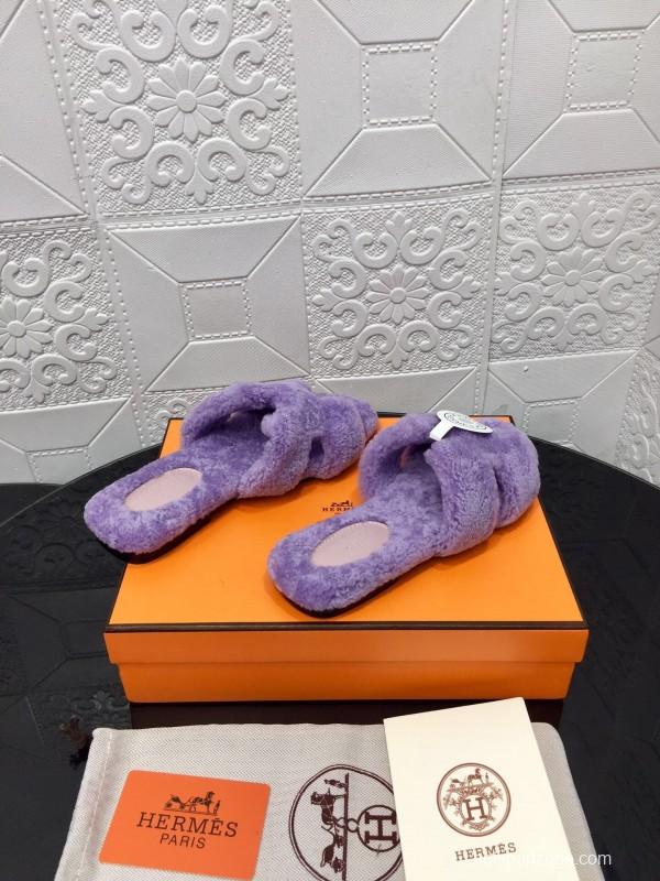 H Eiderdown Teddy Wool H Slippers Flat Sole Fur Slides - LY00240