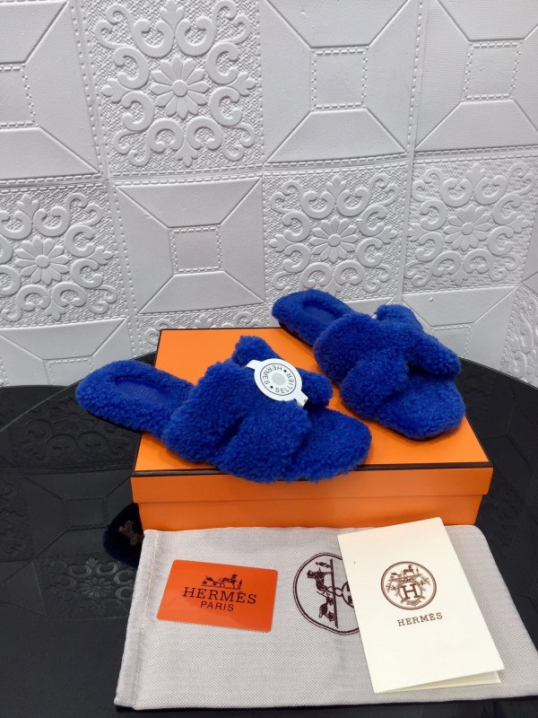 H Hermes Teddy Wool H Slippers Flat Sole Fur Slides - LY00240