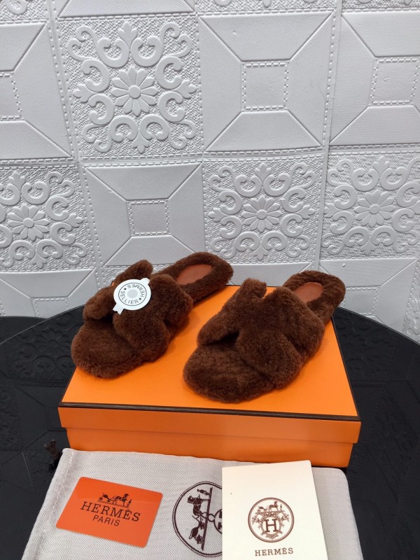 H Teddy Wool H Slippers Flat Sole Winter Fur Slippers - LY00240