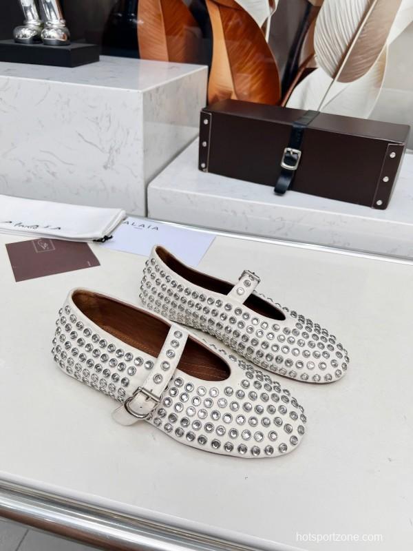 Alaia 2025/SS Crystal-Studded Ballet Flats with Built-in 0.8CM Height Increase - LY00340