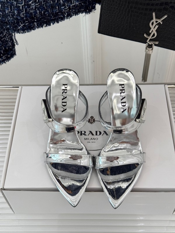 Prada Pointed Toe High Heel Sandals with Triangle Buckle - KFY00280