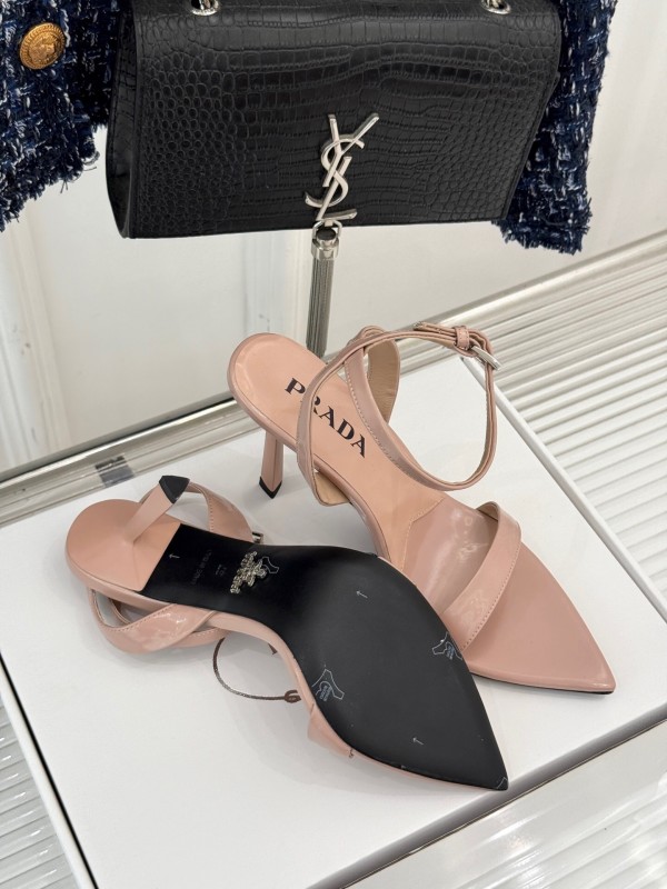 Prada 2025 SS Pointed Toe High Heel Sandals with Triangle Buckle - KFY00280