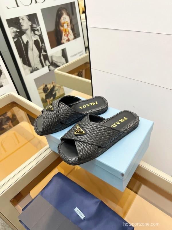 Prada 2025 SS Raffia Handwoven Cross Strap Sandals - KFY00260