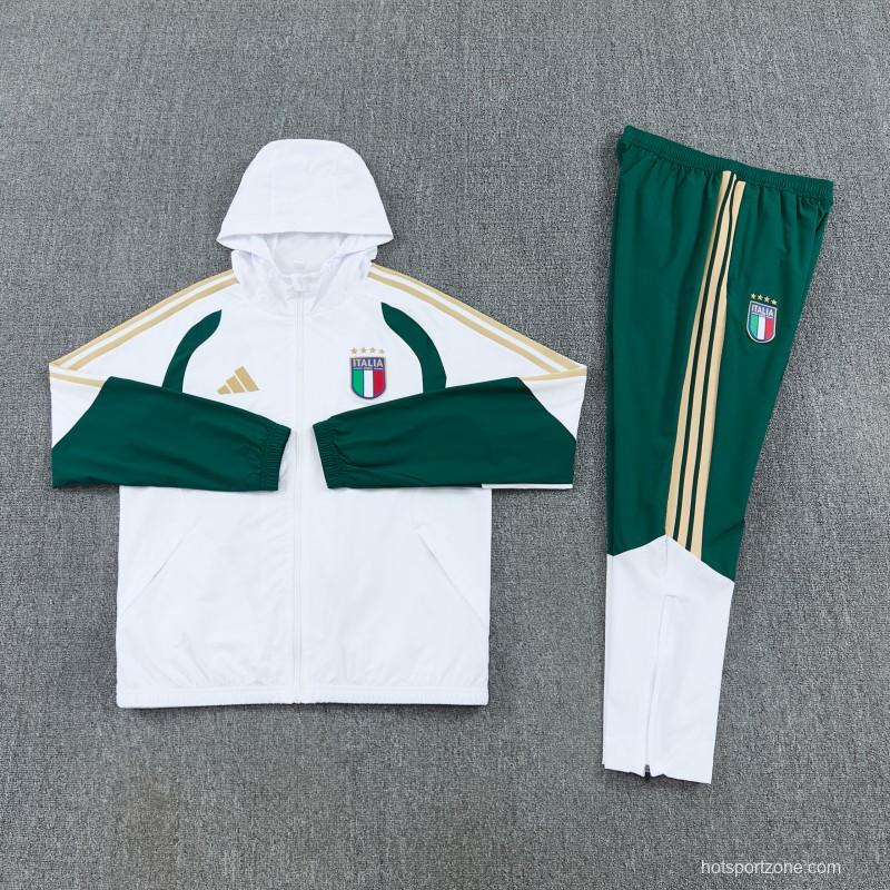 2026 Italy White Hoodie Full Zipper Windbreaker + Long Pants