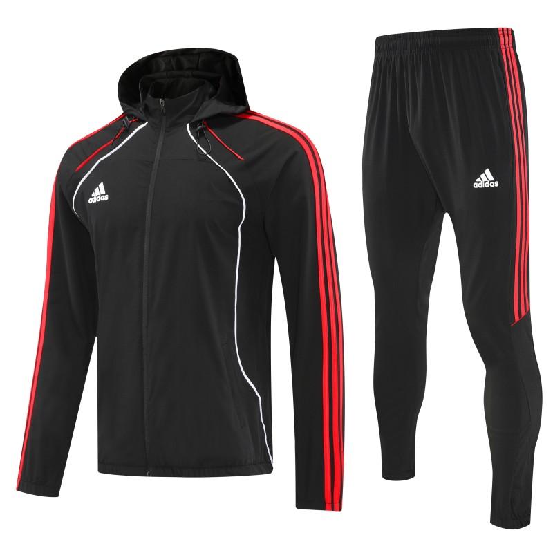 26/27 Adidas Black With Red stripes Full Zipper Hooded Jacket Tracksuit + Long Pants