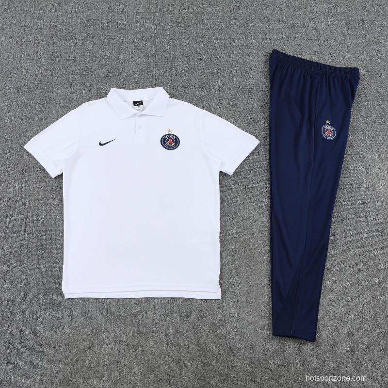 26/27  Paris White Polo Training Shirt +Navy Blue  Long Pants Tracksuit
