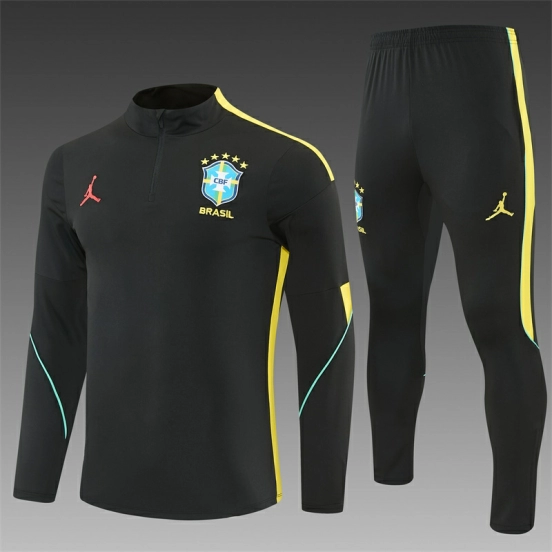 2026 Brazil Black & Yellow Half Zipper Jacket Tracksuit + Long Pants