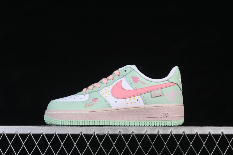 Nike Air Force 1 '07 Low Sneakers with Hand-Drawn Mint and Pink Sweetheart Design - DB3301-909
