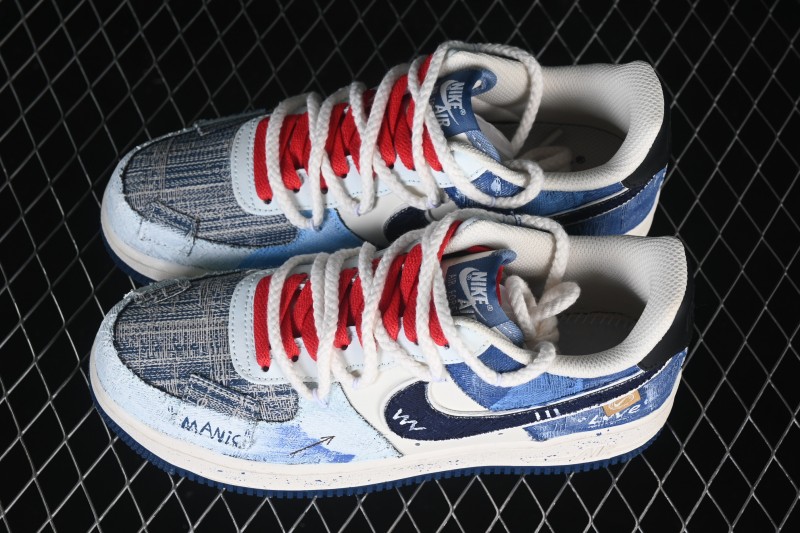 Nike Air Force 1 '07 Low Hand-Drawn Sneakers with Indigo-Dyed Denim and Leather Upper - FB0607-707