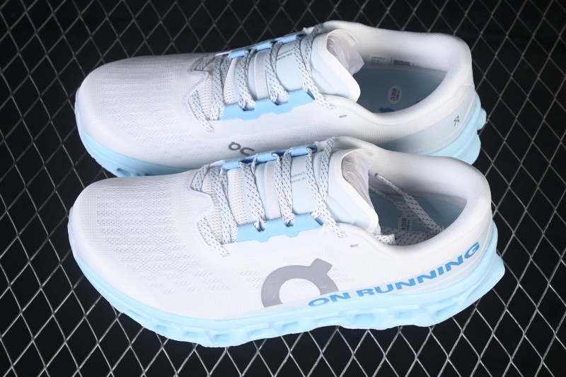 On Cloudmonster 3 Cushioned Running Shoes – White/Light Blue with Silver-Grey Logo