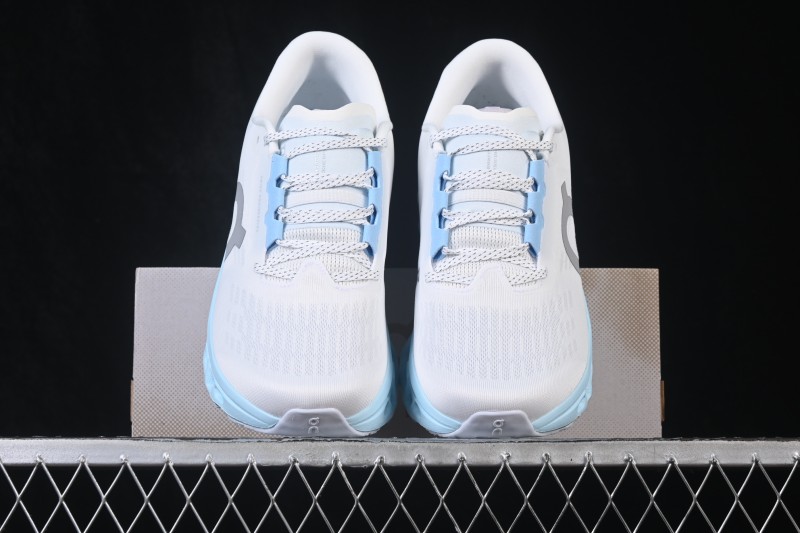 On Cloudmonster 3 Cushioned Running Shoes – White/Light Blue with Silver-Grey Logo