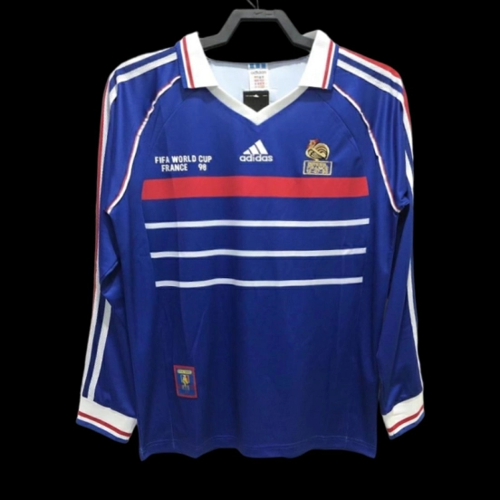 Retro 1998 Long Sleeve France Home Soccer Jersey With 98 France Patch
