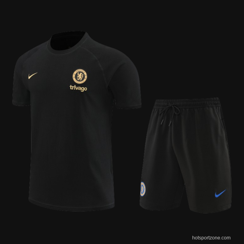 23/24 Chelsea Black Cotton Short Sleeve Jersey+Shorts