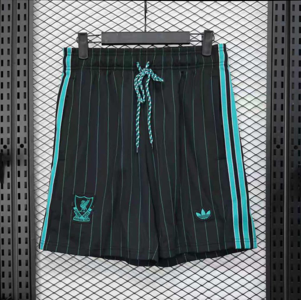 25/26 Liverpool Adidas Original Black with Teal Pinstripes Shorts
