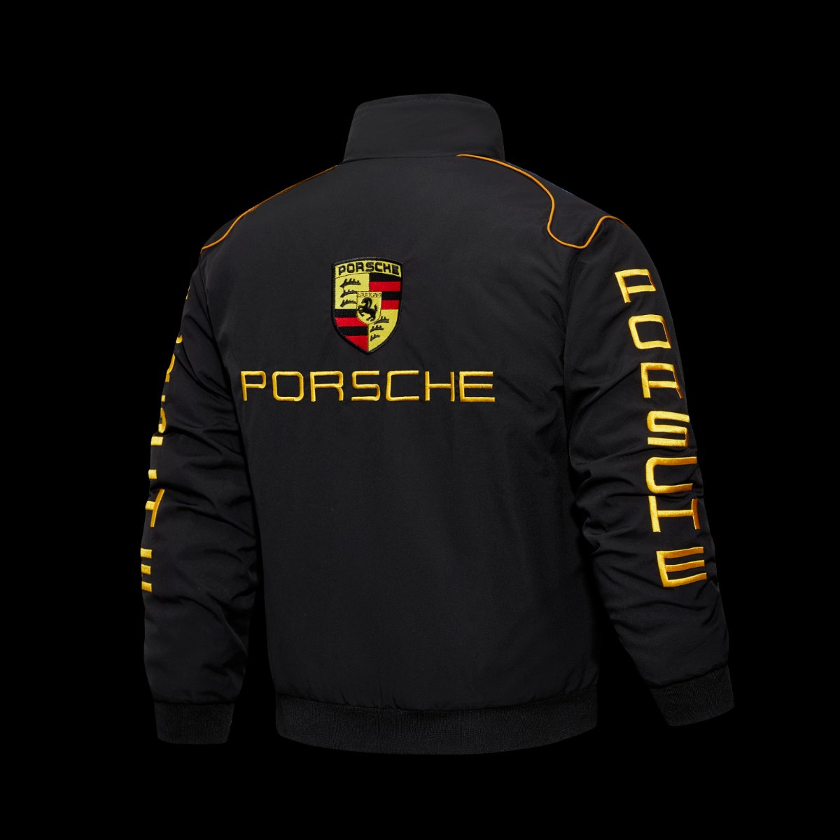 2026 F1 Porsche Motorsport Black Racing Jacket with Gold Lettering and Crest Badge