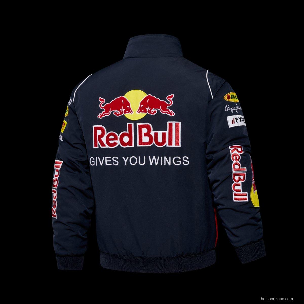 2026 Red Bull Infiniti F1 Racing Team Navy Blue Jacket with Multi-Sponsor Logos and Blue Accents