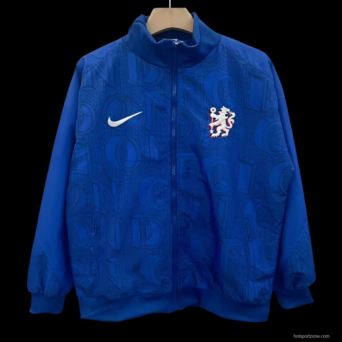 25/26 Chelsea FC Blue with All-Over London Text Pattern Full Zipper Windbreaker