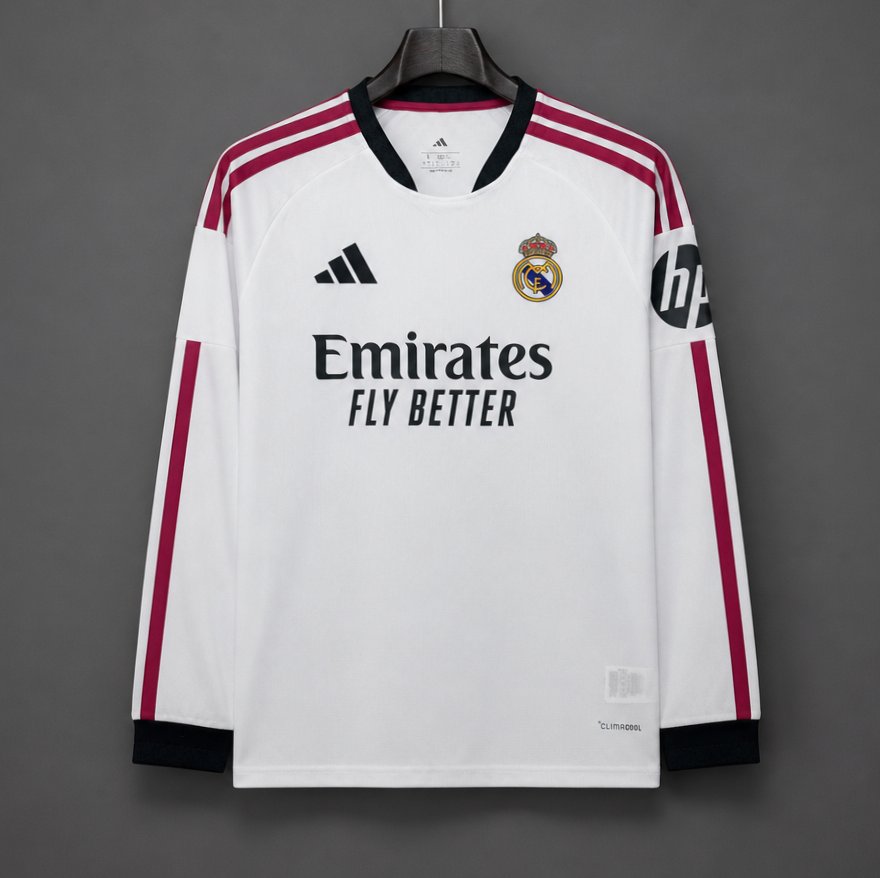 26/27 Real Madrid White with Burgundy Stripes Long Sleeve Home Jersey